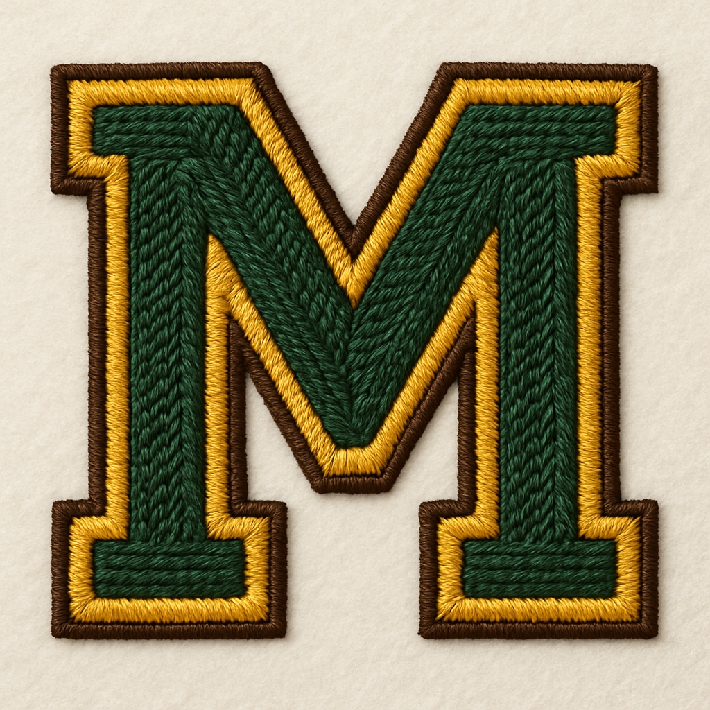 Embroidered Letter M Patch with Gold Outline and Green Thread Monogram