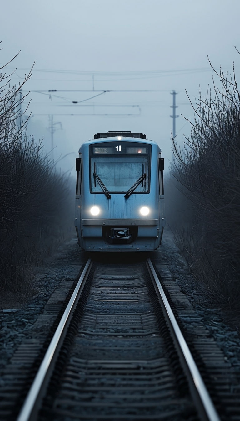Modern Light Blue Train Approaching on Railway Tracks Mobile Wallpaper