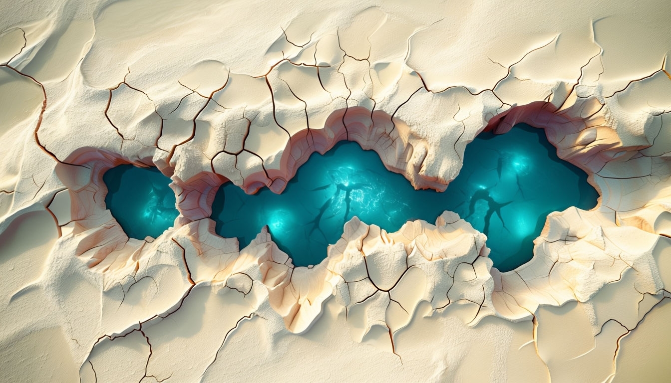 Intricate Cracked Desert Floor with Teal Blue Underlayer Wallpaper Virtual Backgrounds