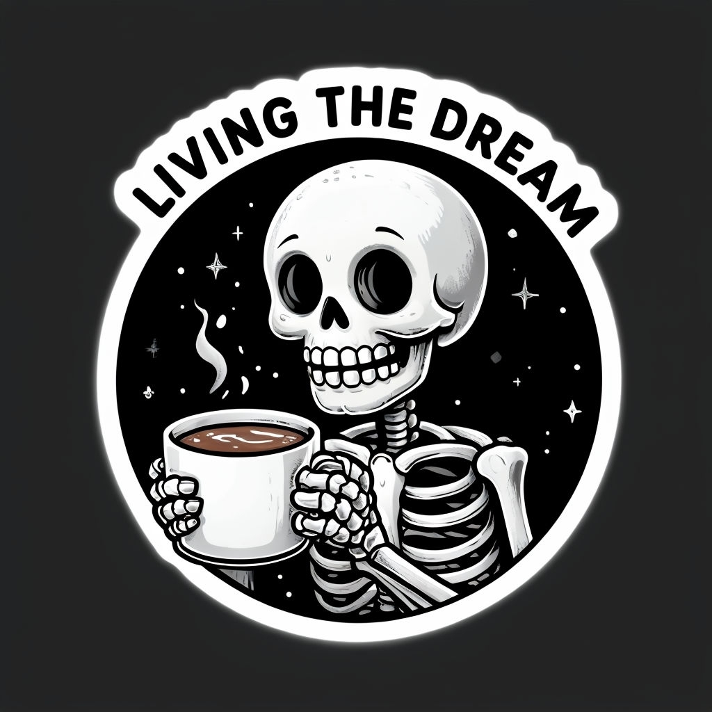 Cheerful Skeleton with Coffee Living the Dream Sticker