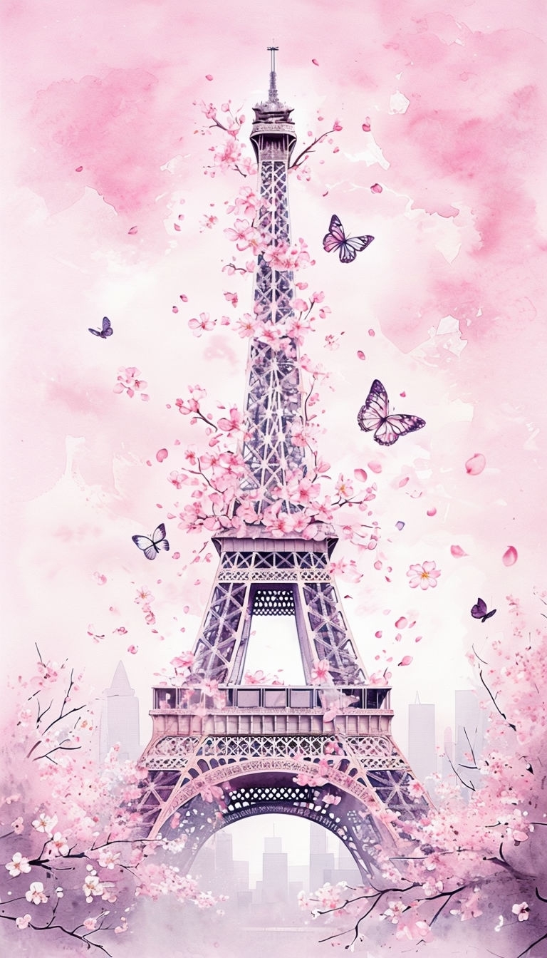 Whimsical Watercolor Eiffel Tower with Cherry Blossoms Mobile Wallpaper