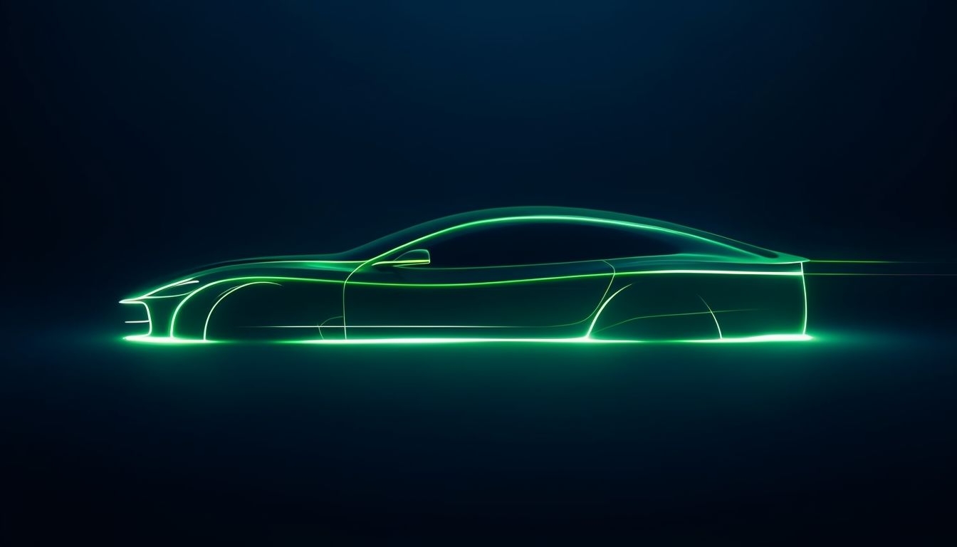 Sleek Neon Green Sport Car Digital Art on Dark Blue Background Virtual Backgrounds