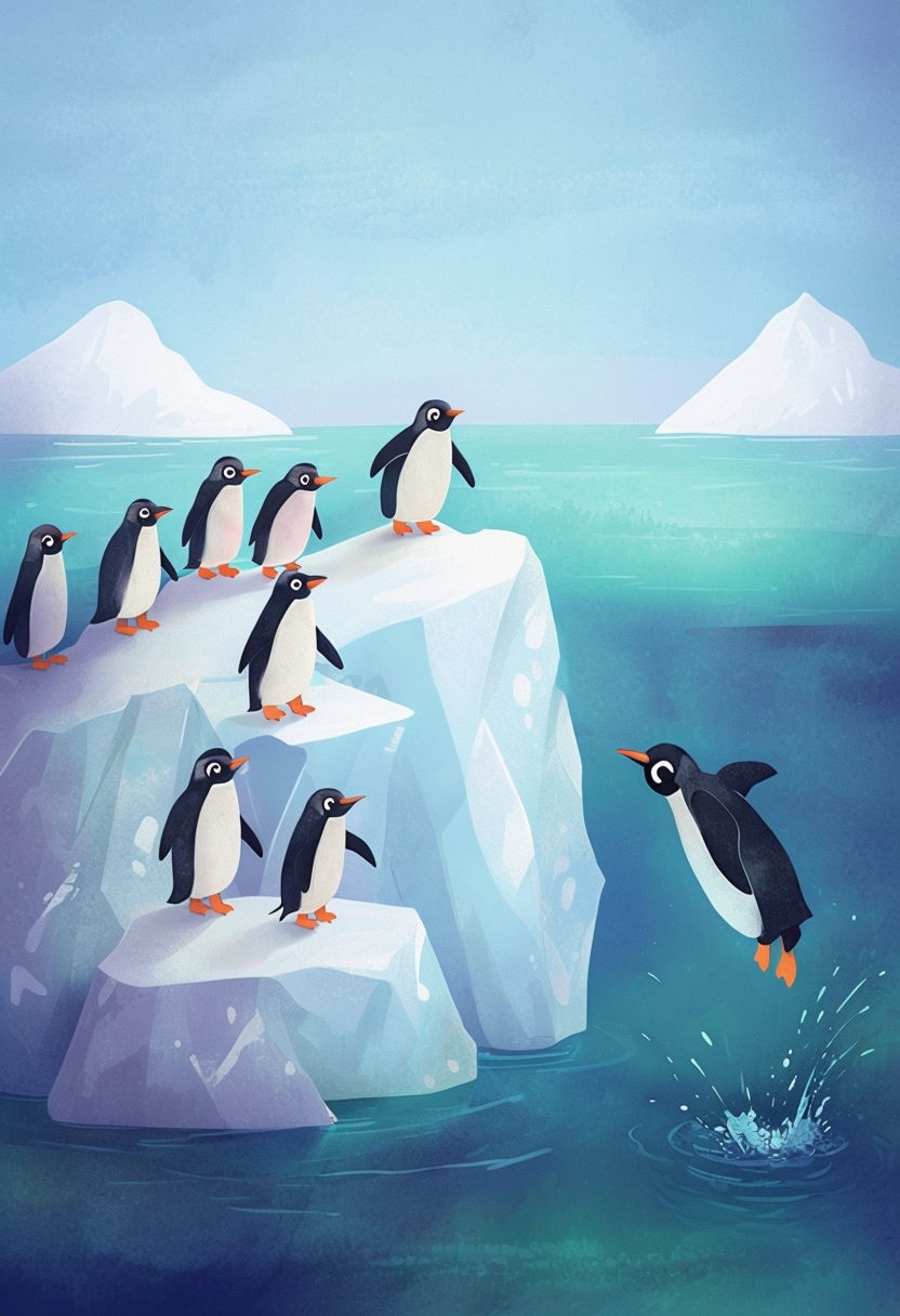 Whimsical Cartoon Penguins on Iceberg Playful Arctic Scene Art