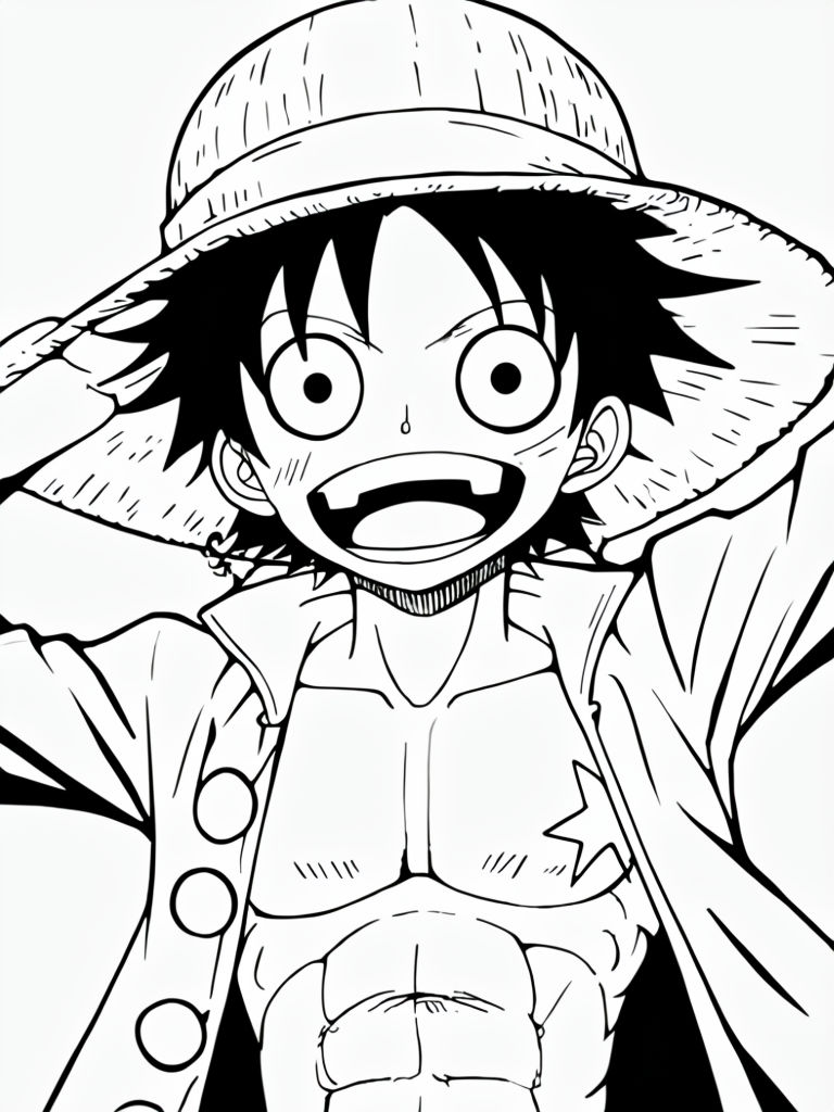 Energetic Anime Character with Straw Hat Line Drawing Art