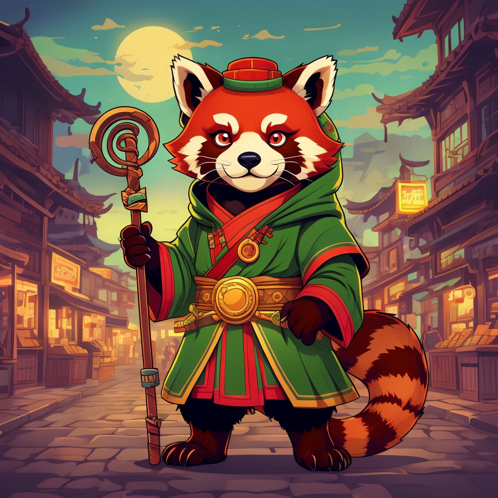 Vibrant Cartoon Red Panda in Traditional Asian Town Art