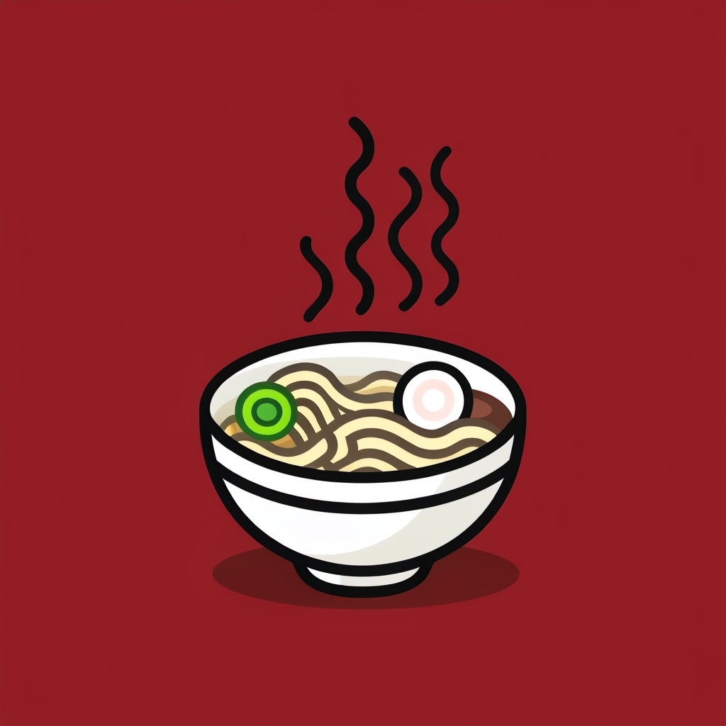 Stylized Steaming Ramen Bowl Illustration on Red Background Sticker