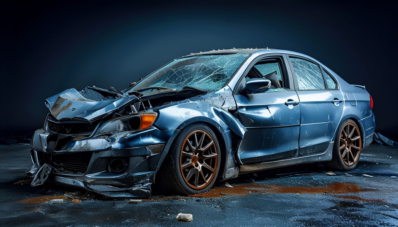 Severely Damaged Metallic Blue Sedan Photo for Virtual Backgrounds