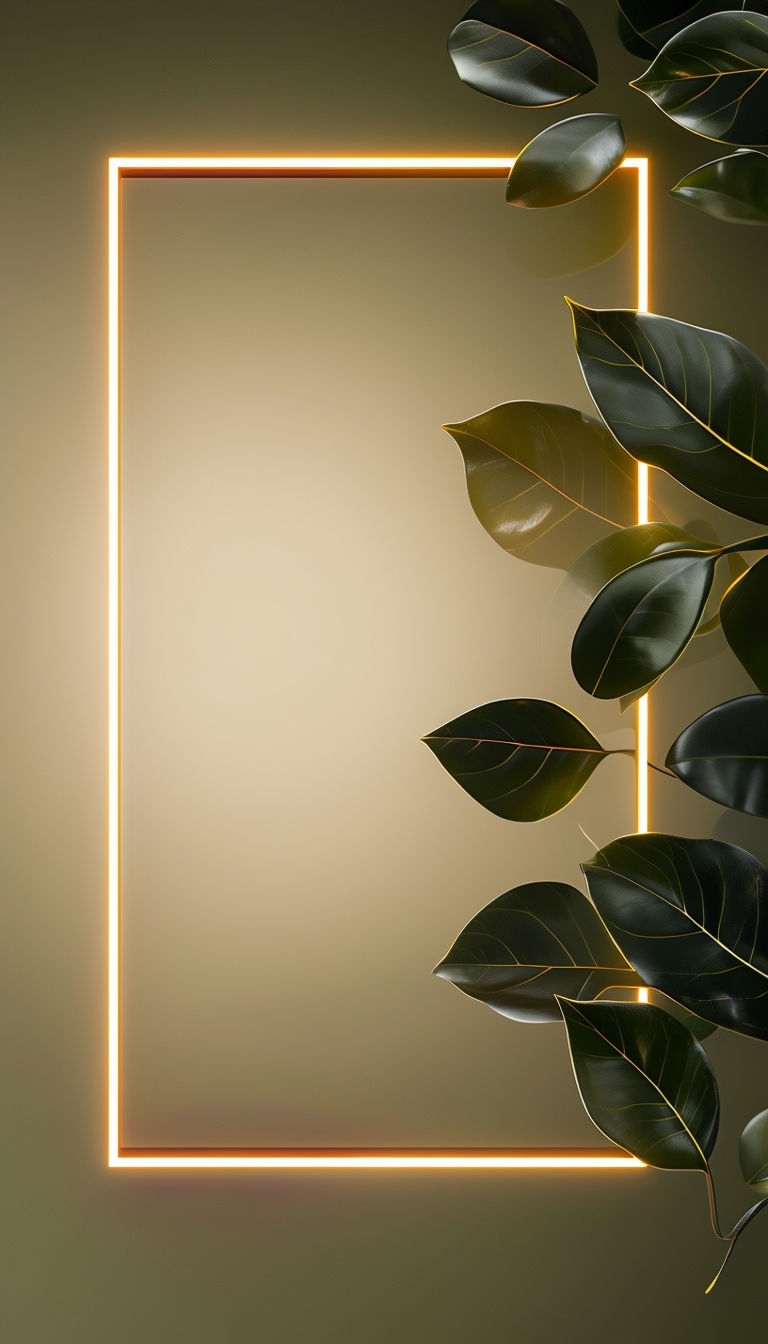 Minimalist Neon Frame with Organic Green Leaves Artwork Social Media Post