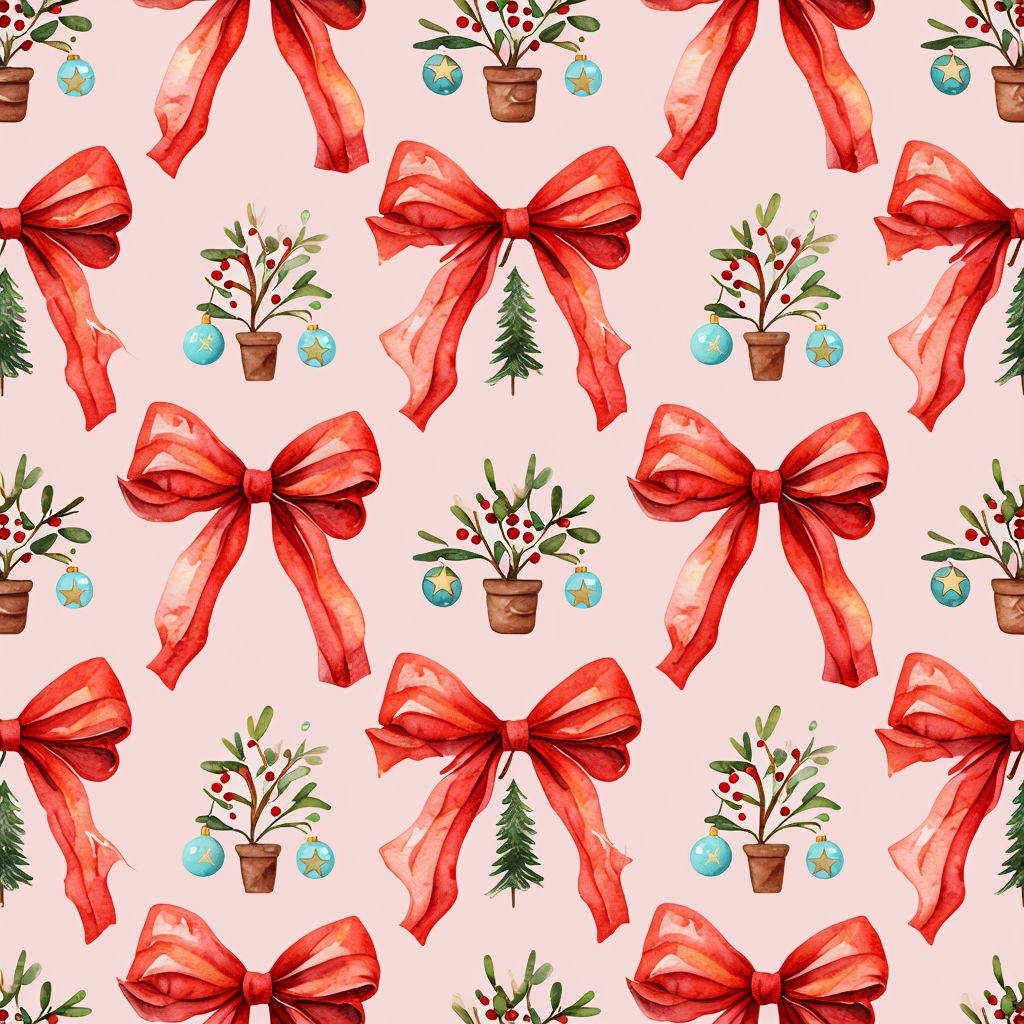 Festive Christmas Ribbons and Mistletoe Seamless Pattern