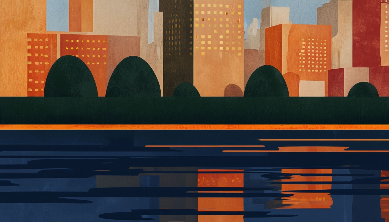 Modernist Urban Landscape with Water Reflection Virtual Background