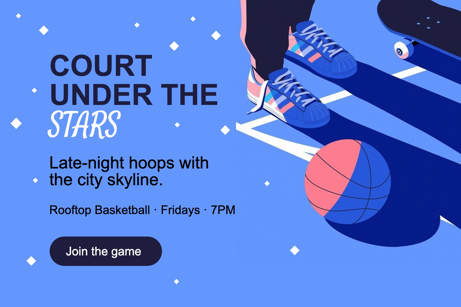 Modern Basketball Event 'Court Under the Stars' Promotional Banner