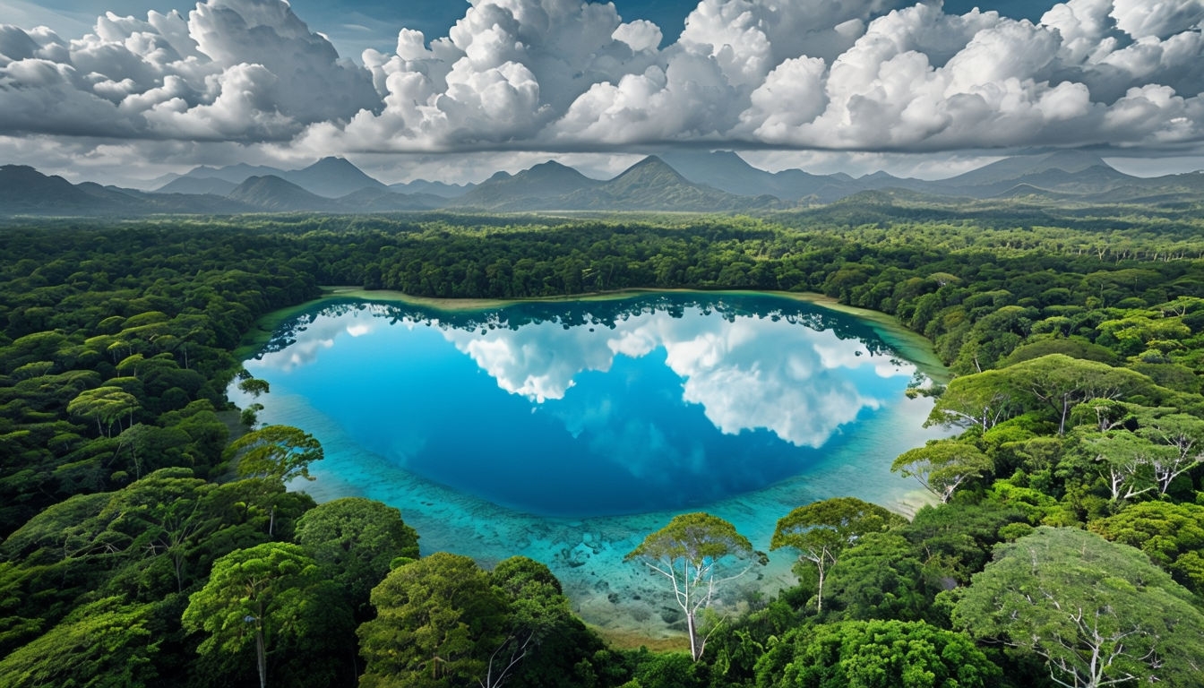 Lush Tropical Rainforest and Turquoise Lake Aerial View Background