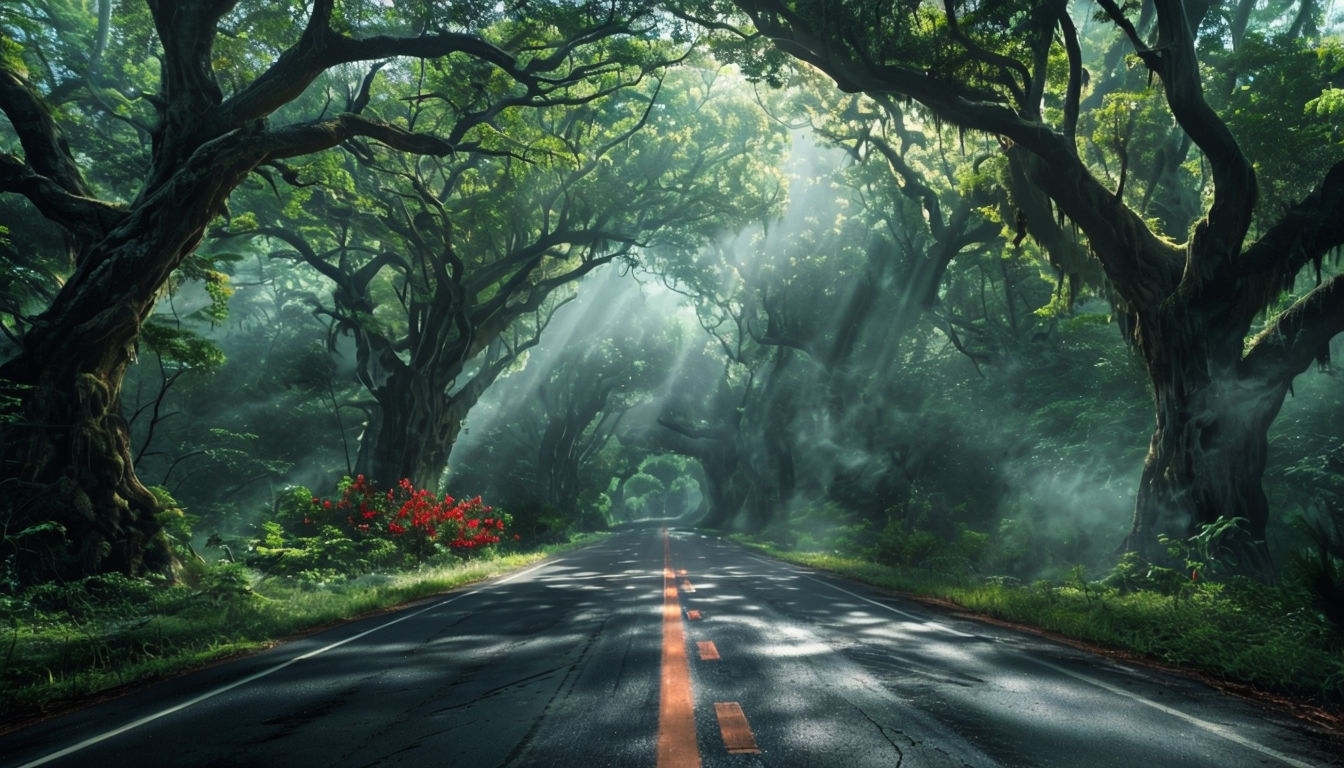 Cinematic Forest Road with Mist and Sunlight Virtual Background