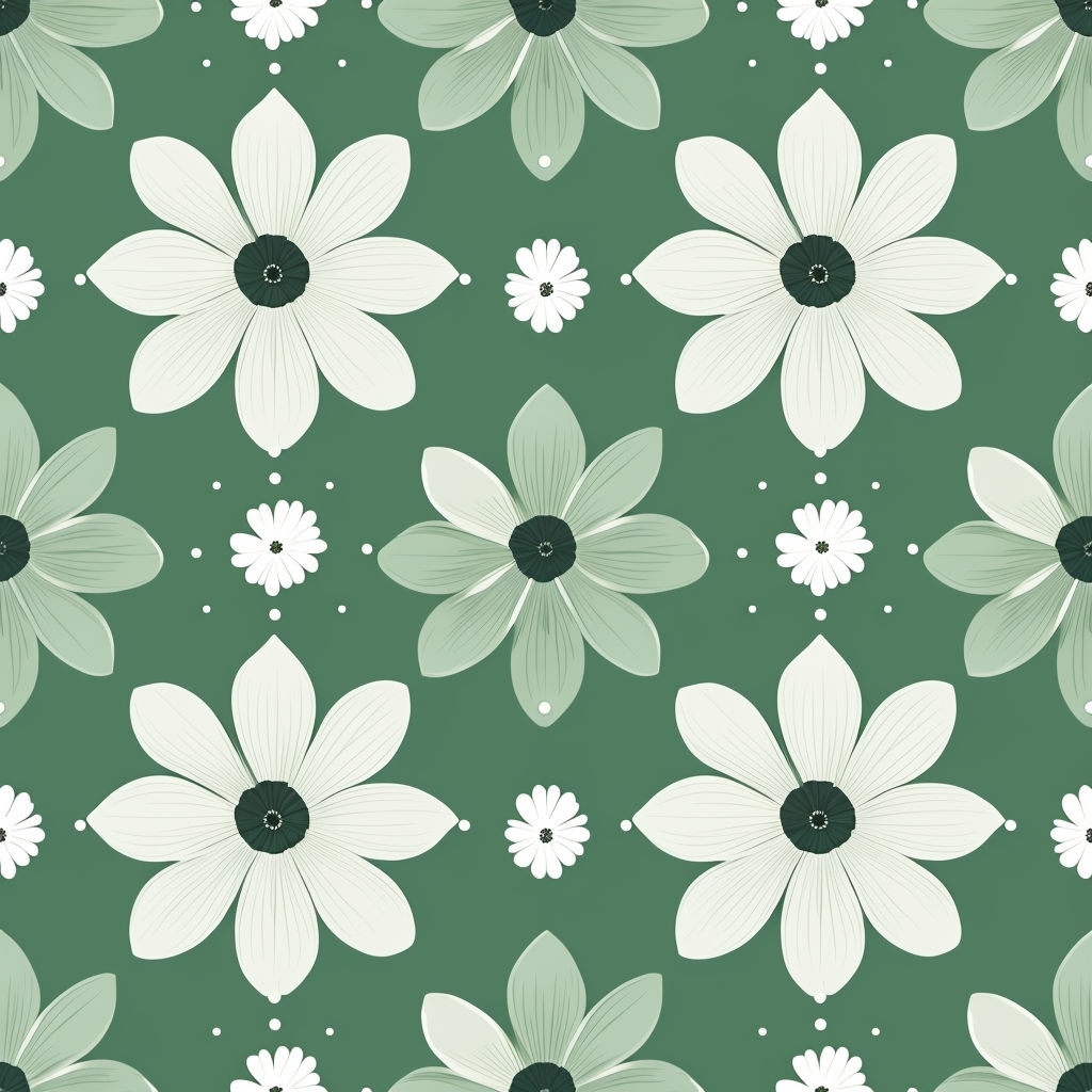 Elegant White Floral Symmetrical Pattern on Forest Green Background Seamless Pattern