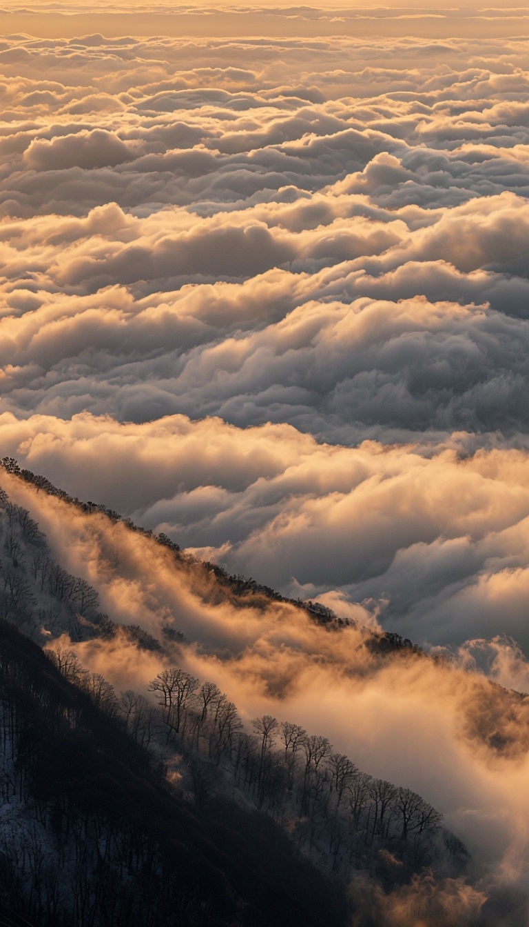 Serene Forested Mountain Slope with Clouds at Sunrise Wallpaper