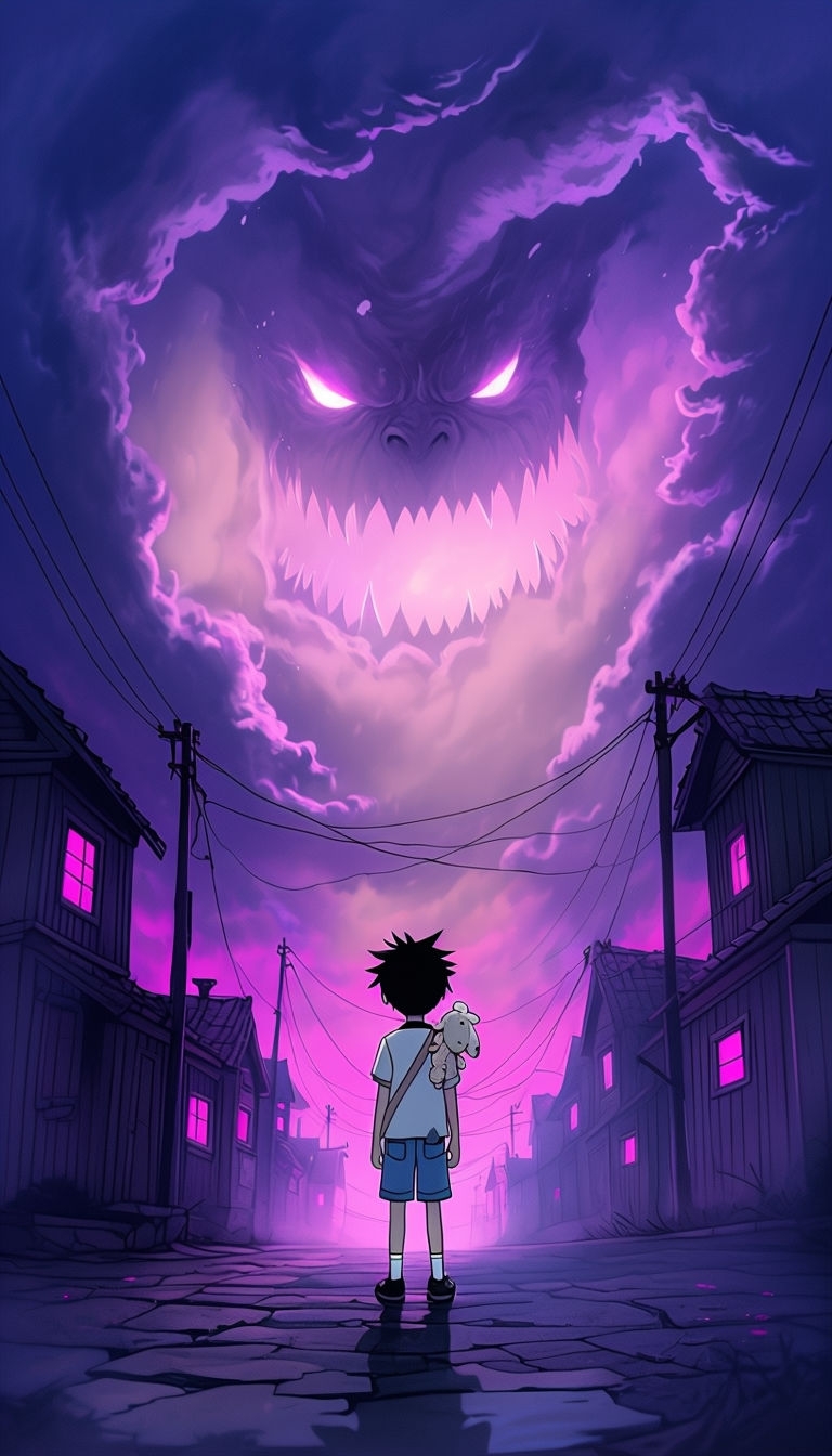 Eerie Nighttime Illustration of a Boy and Ominous Cloud Art