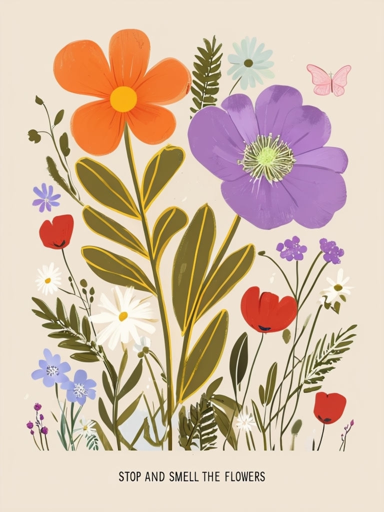 Stop and Smell the Flowers Whimsical Floral Illustration Poster