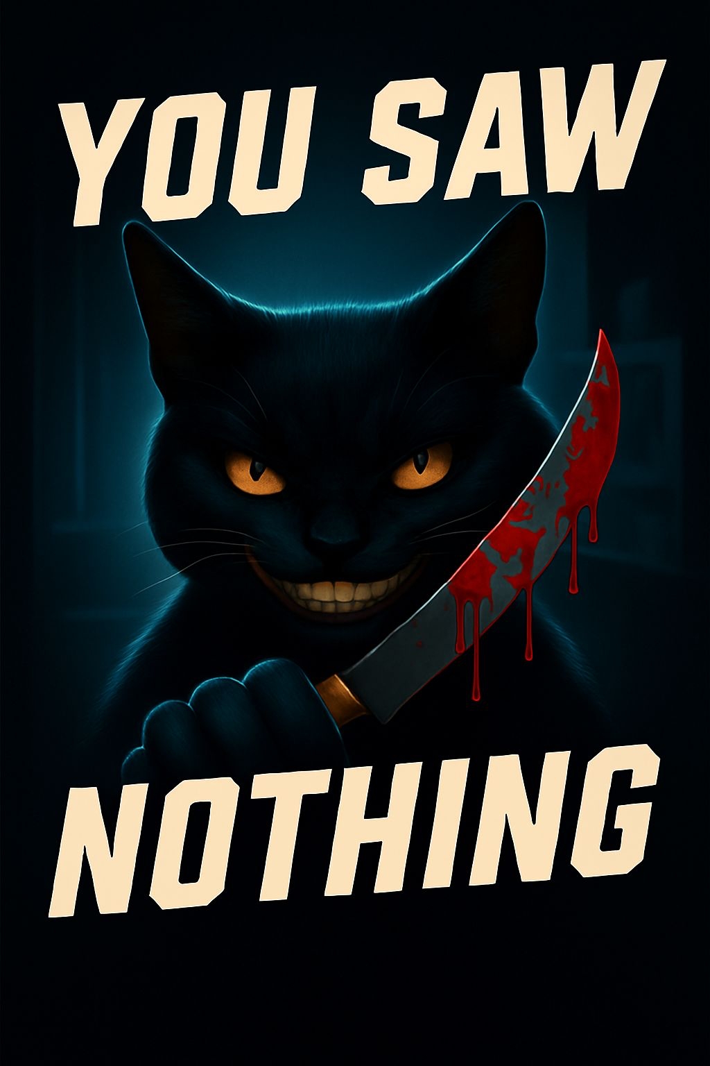 Sinister Black Cat with Knife and Ominous Text T-Shirt