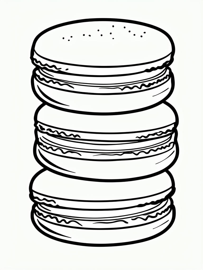 Minimalist Line Drawing of Three Stacked Macarons Coloring Book Pages