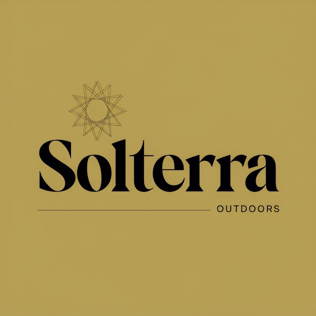Elegant Solterra Outdoors Minimalist Logo Design with Sun Icon