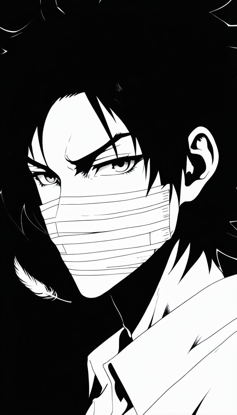 Anime Character with Mask Stripes in Dramatic Black and White Mobile Wallpaper