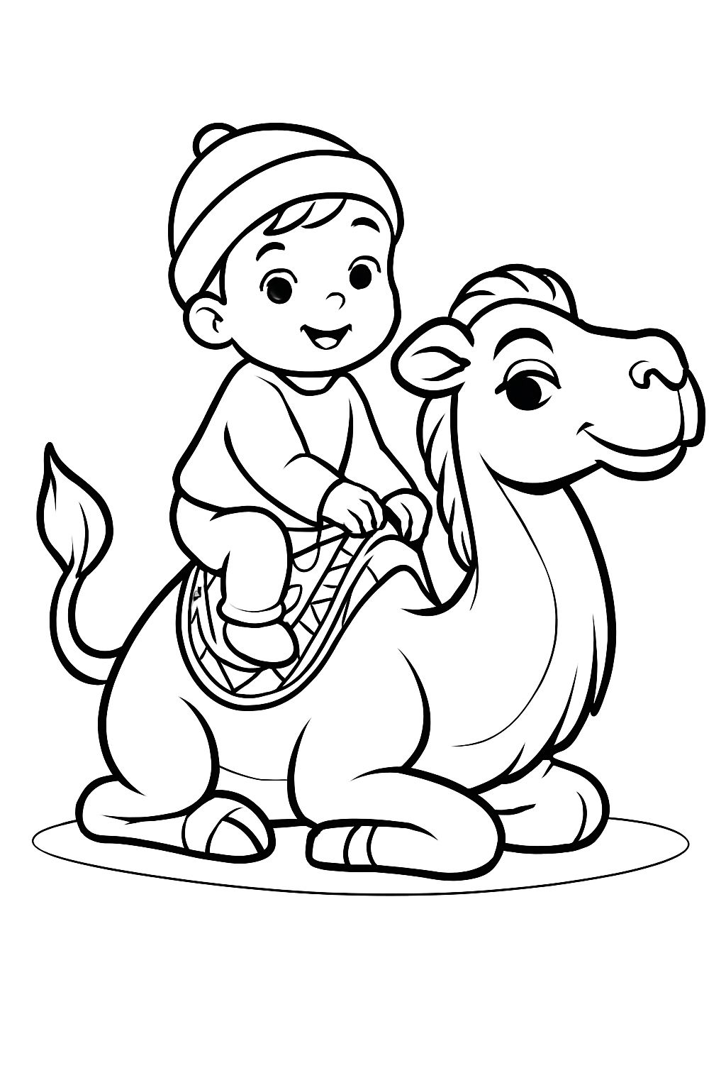 Cheerful Child Riding Camel Whimsical Line Drawing for Coloring Book Pages
