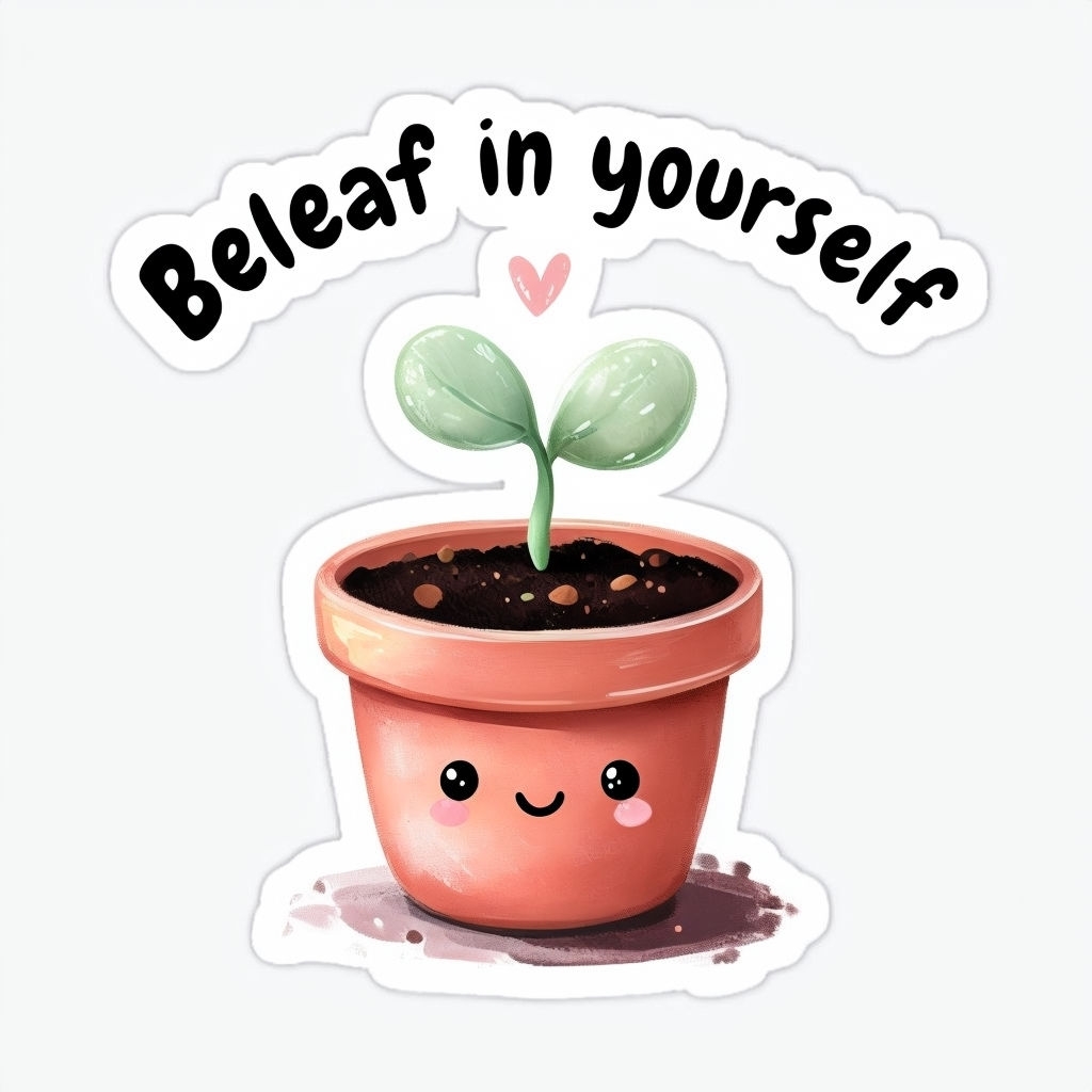 Adorable Potted Plant with Motivational "Beleaf in Yourself" Sticker