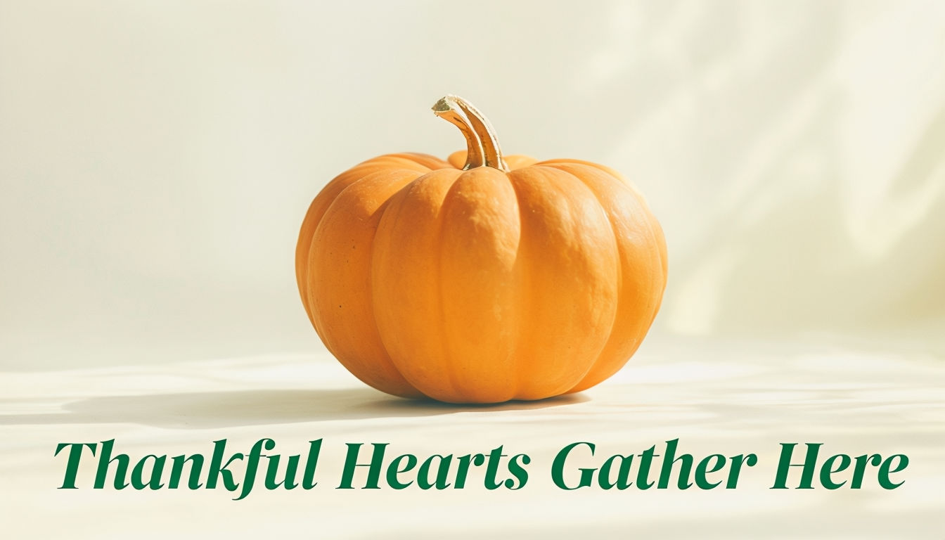 Minimalist Pumpkin Thanksgiving Graphic with "Thankful Hearts Gather Here" Social Media Post