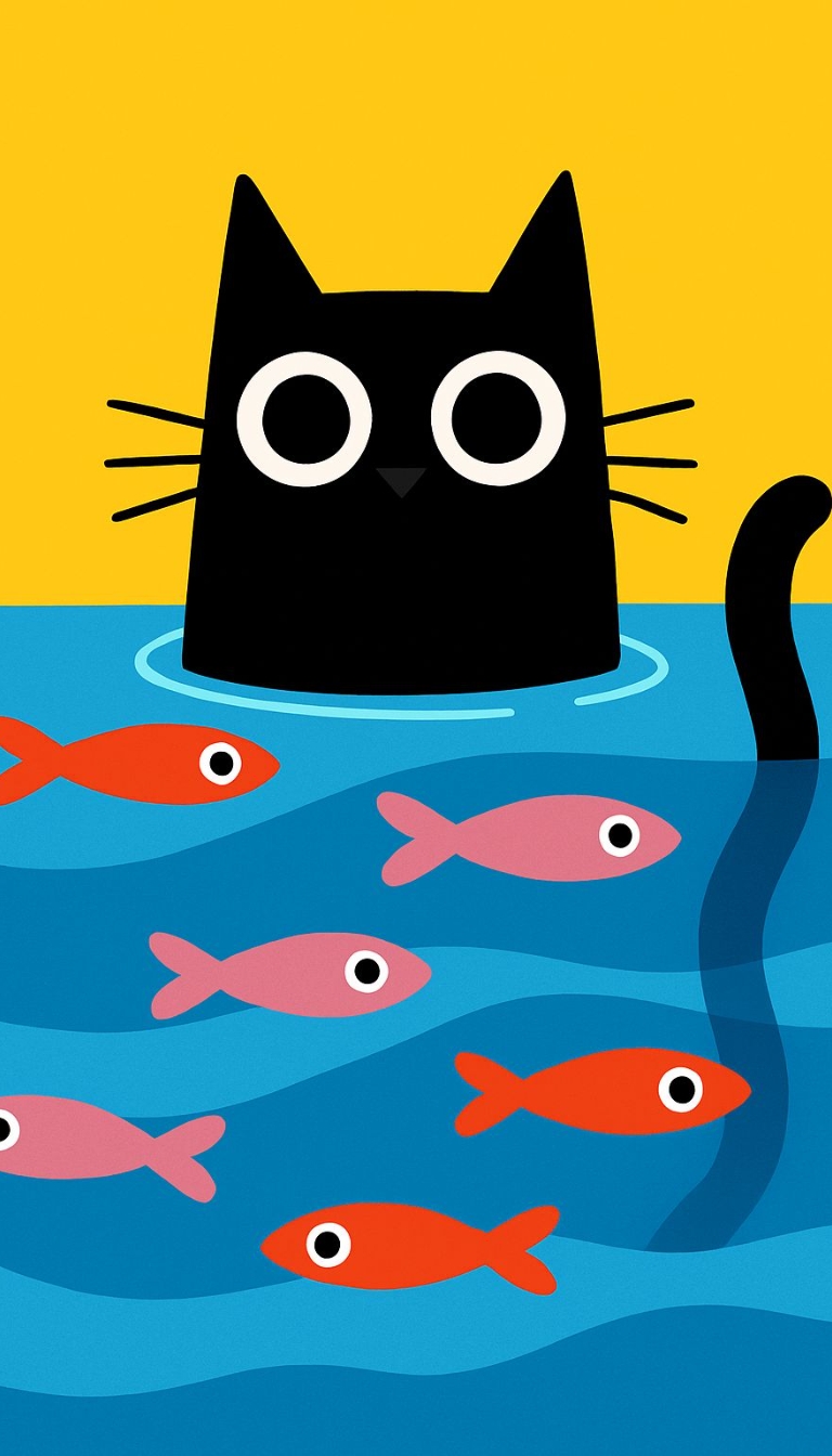Playful Black Cat and Colorful Fish Illustration Mobile Wallpaper