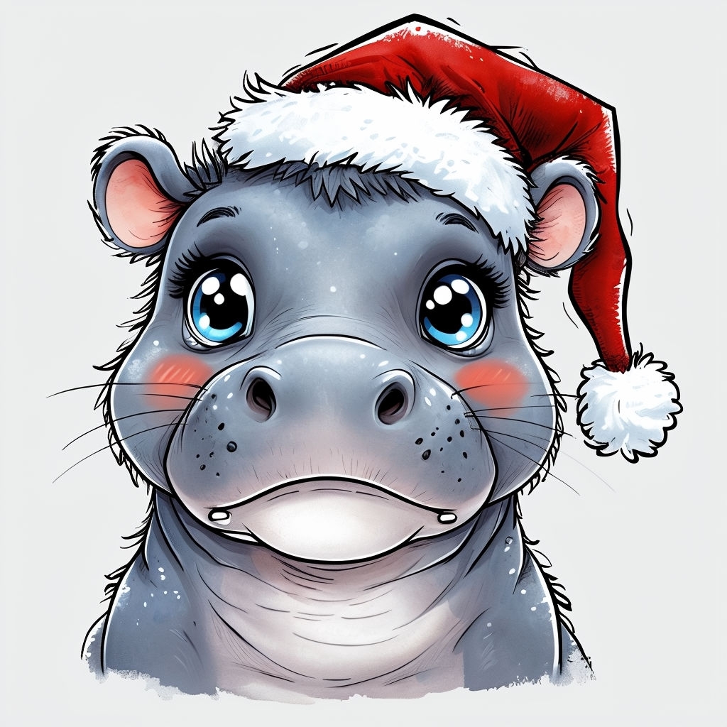 Cute Gray-Blue Hippopotamus in Santa Hat Cartoon Sticker