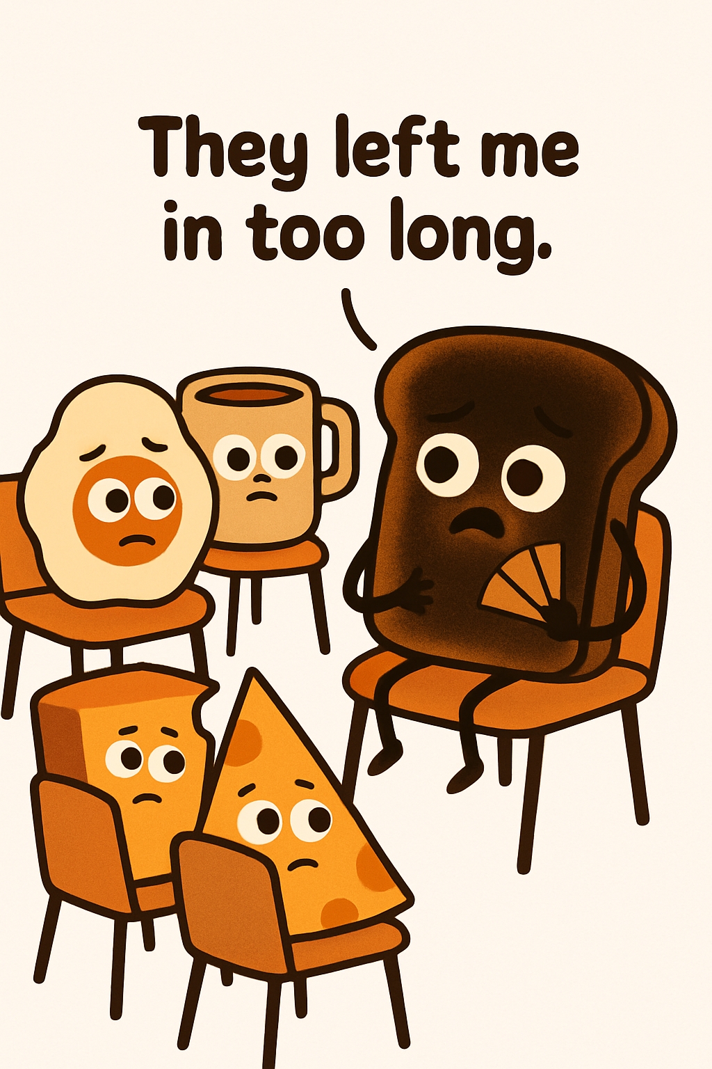 Sad Food Characters Sitting on Chairs Cartoon Sticker
