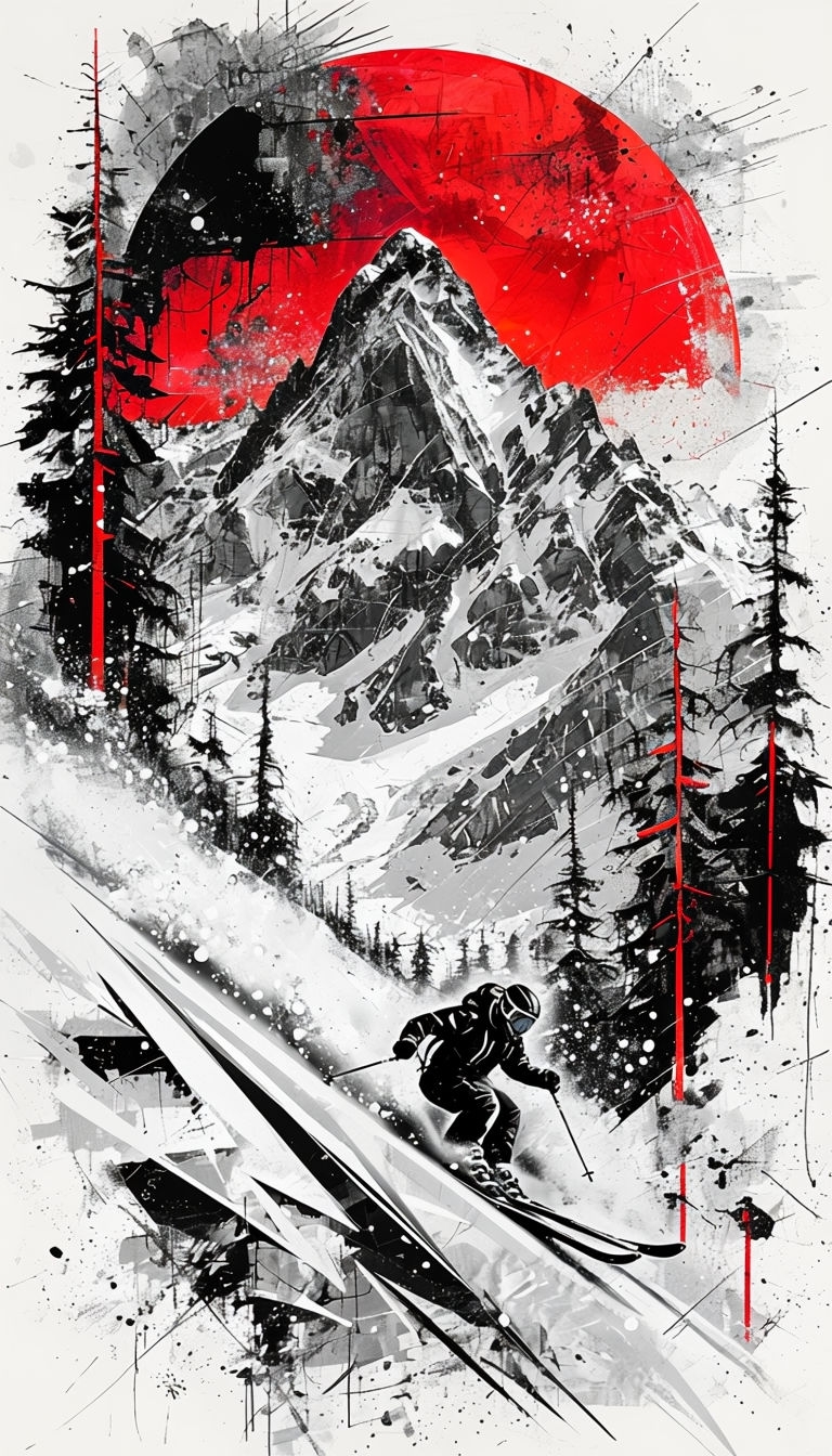 Dynamic Extreme Mountain Skiing Mixed Media Art Poster