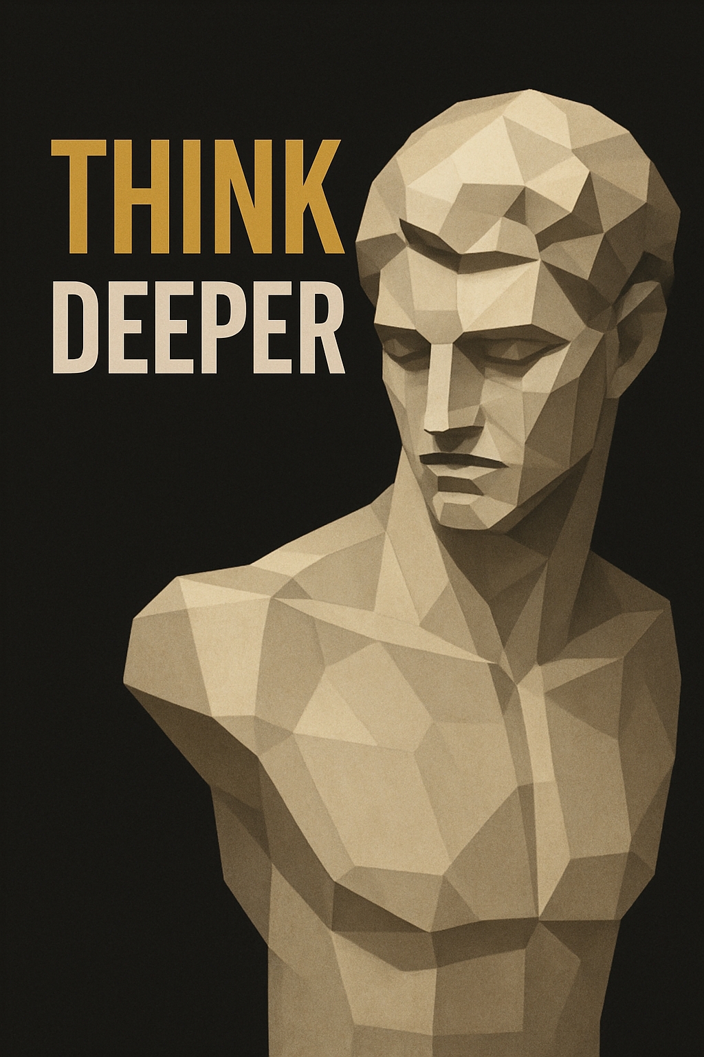 Modern Low-Poly Male Bust Sculpture with Think Deeper Text Poster