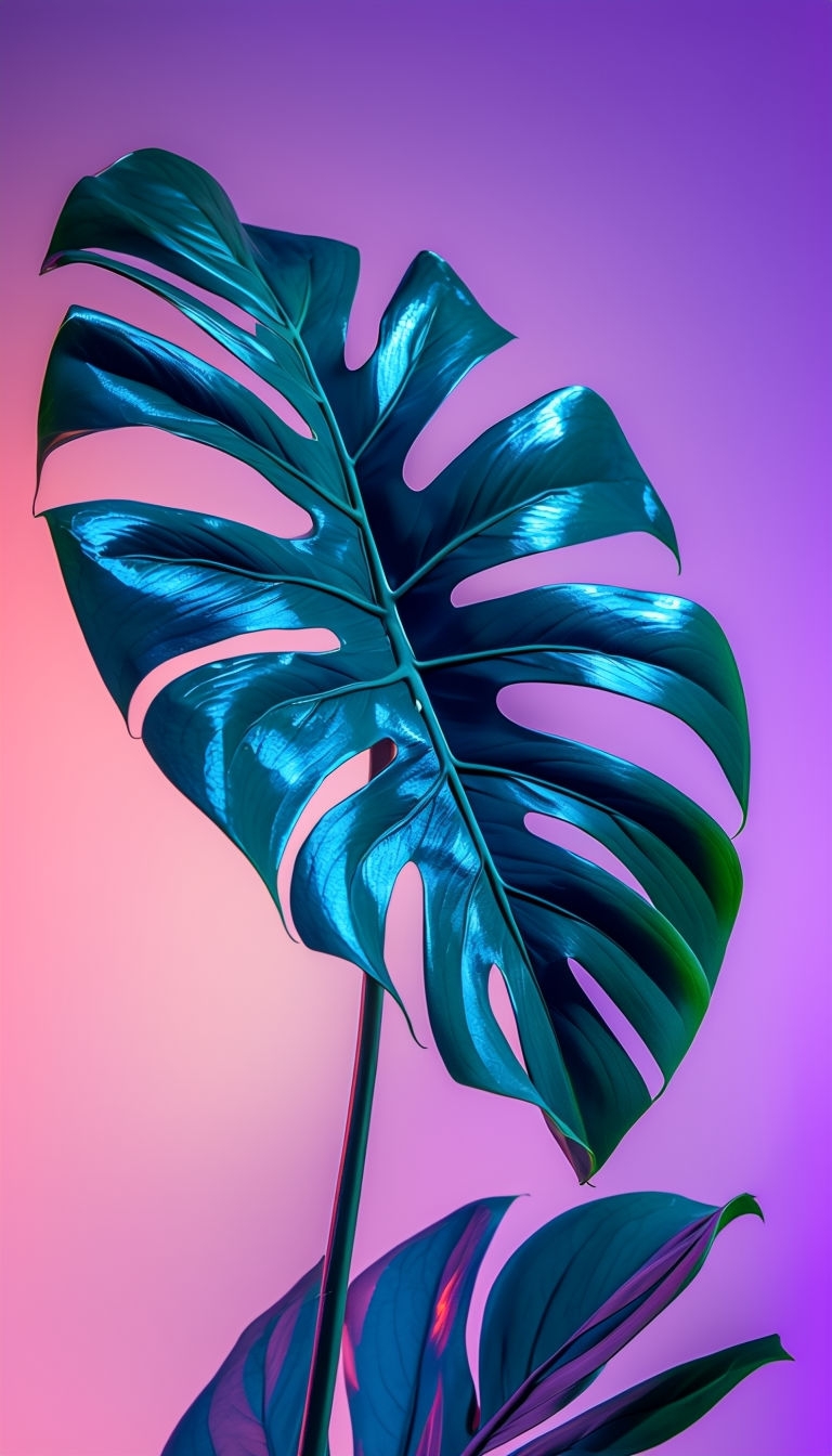 Vibrant Glossy Monstera Leaf with Gradient Background Mobile Wallpaper