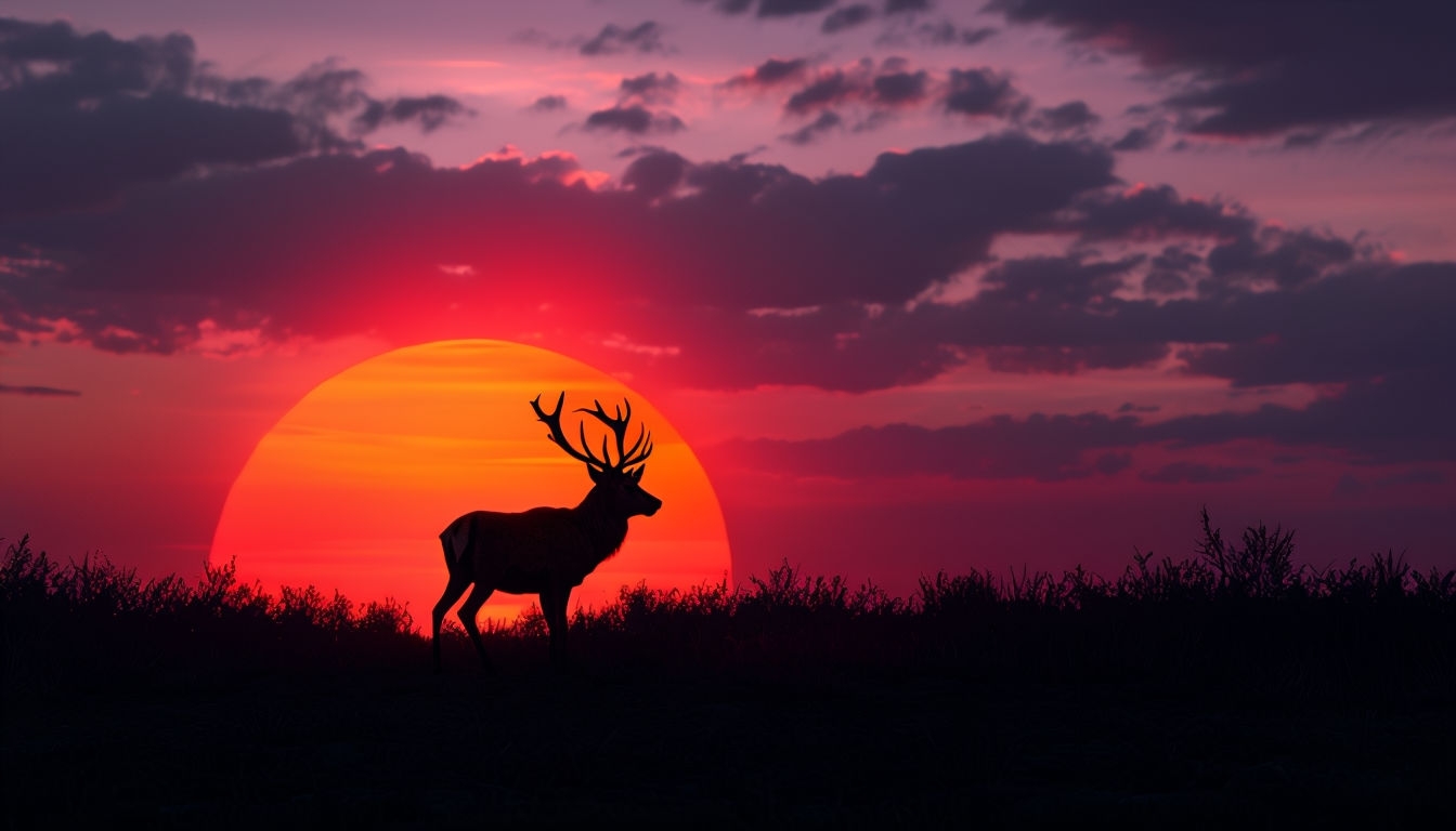 Solitary Stag Silhouette Against Dramatic Sunset Virtual Background