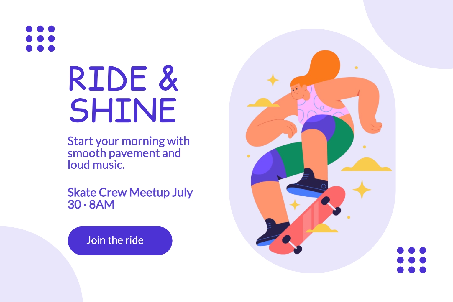Vibrant Skateboarding Event Ride & Shine Promotion Banner