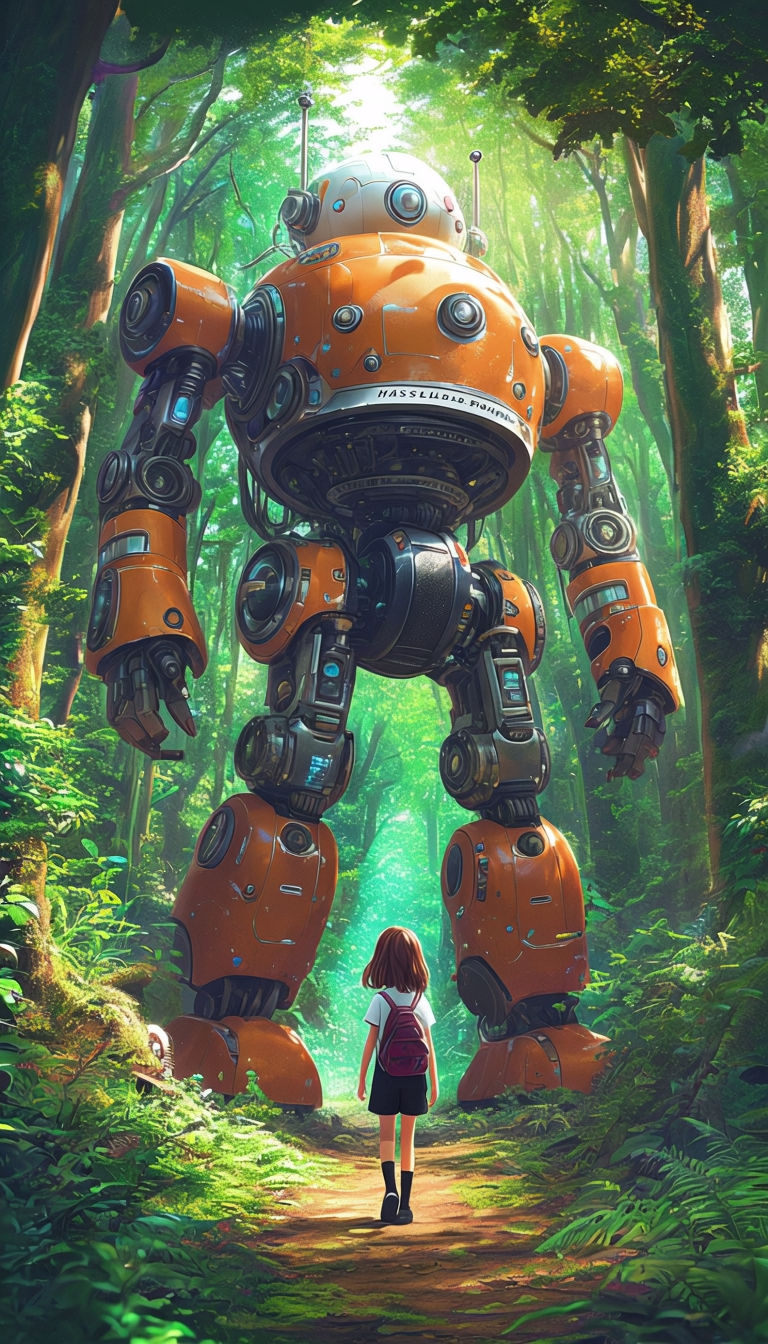 Majestic Robot in Vibrant Forest with Curious Girl Digital Art Poster