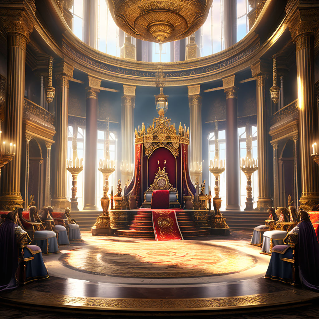 Royal Court: Show a majestic throne room with the king seate... by ...