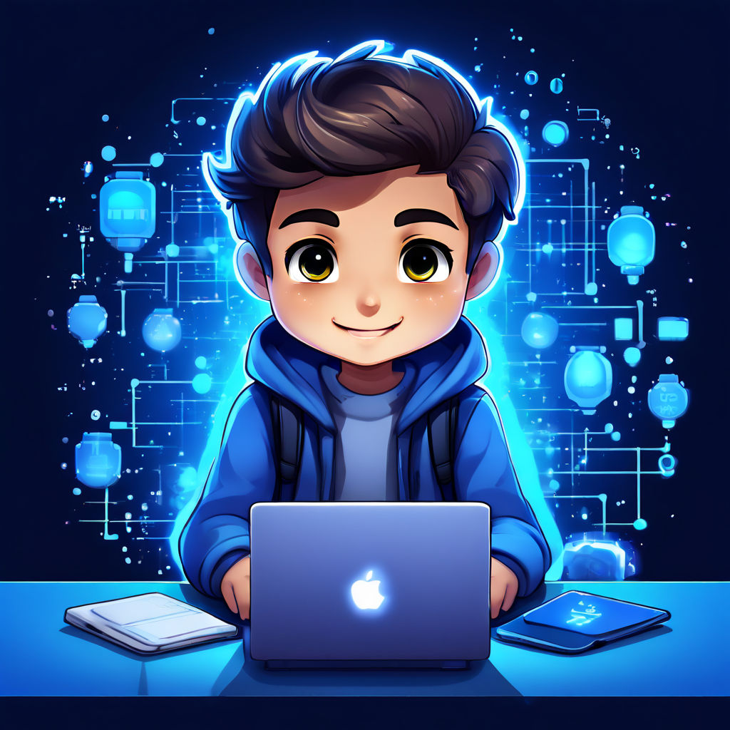 Draw a college student coding with a laptop in front view in... by ...