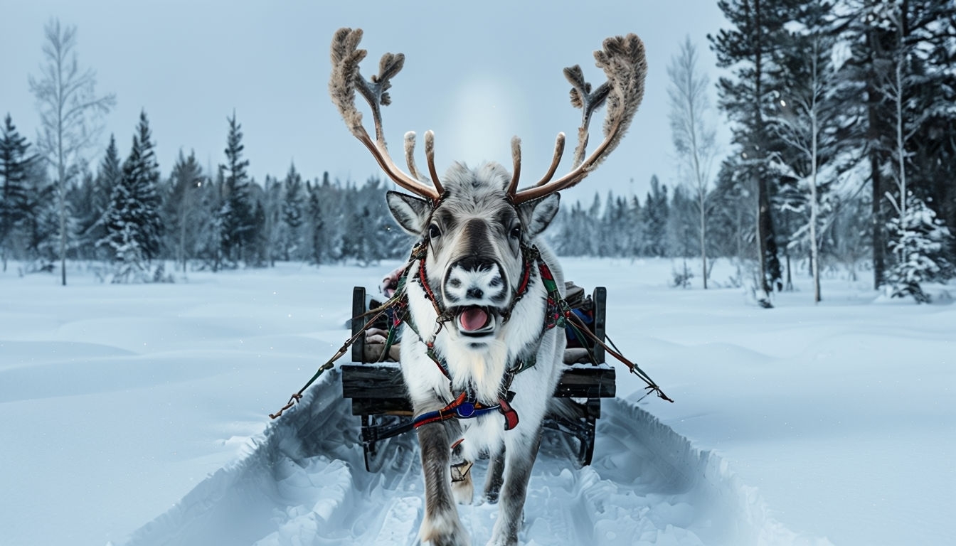 Serene Winter Reindeer Sledding Scene for Virtual Backgrounds