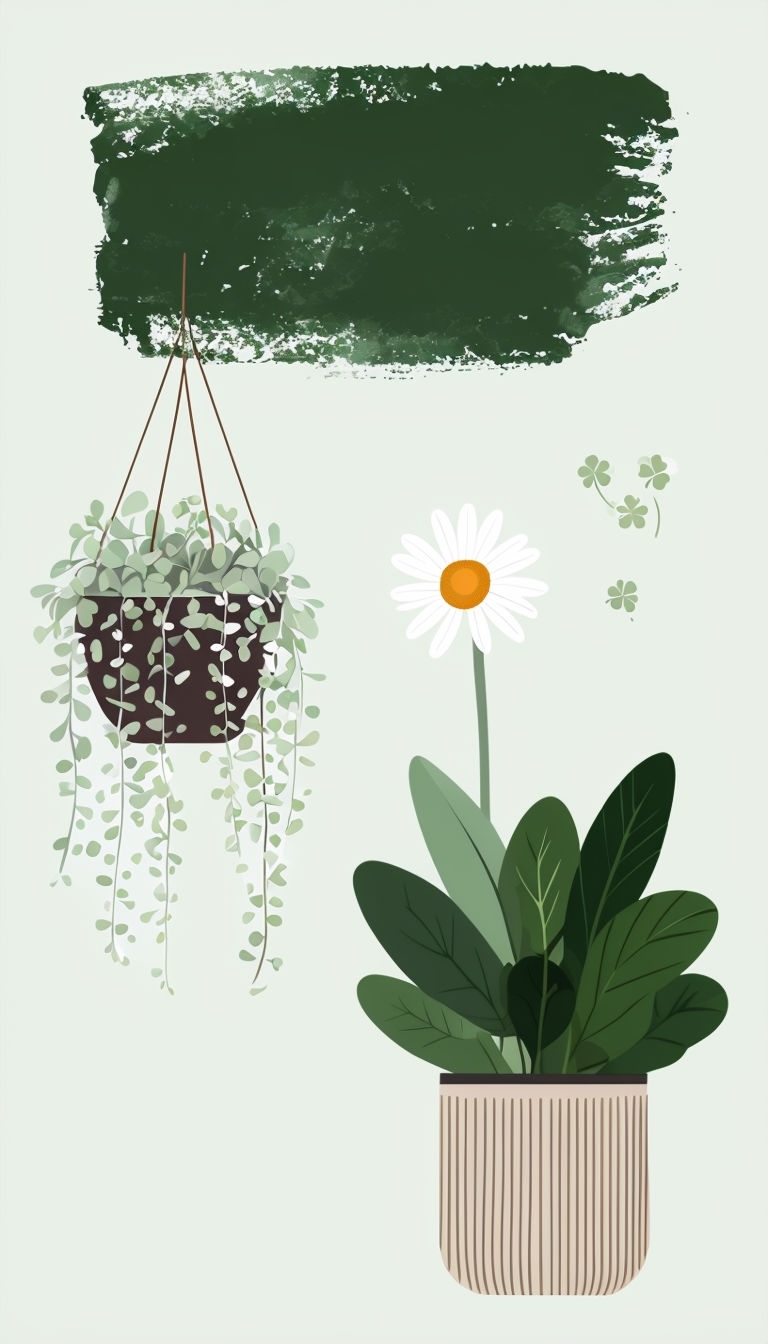Minimalist Botanical Illustration with Hanging Plants and Daisies Social Media Post