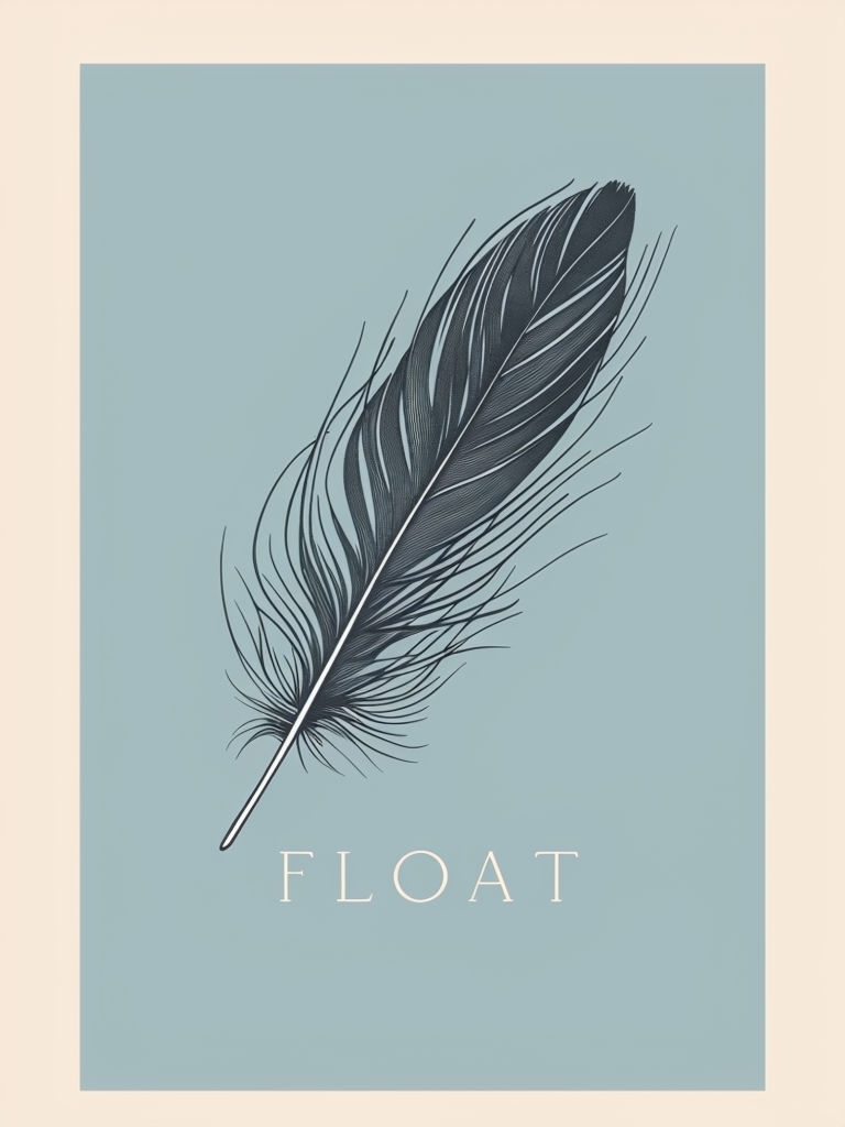 Minimalist Charcoal Feather Illustration with FLOAT Typography Poster