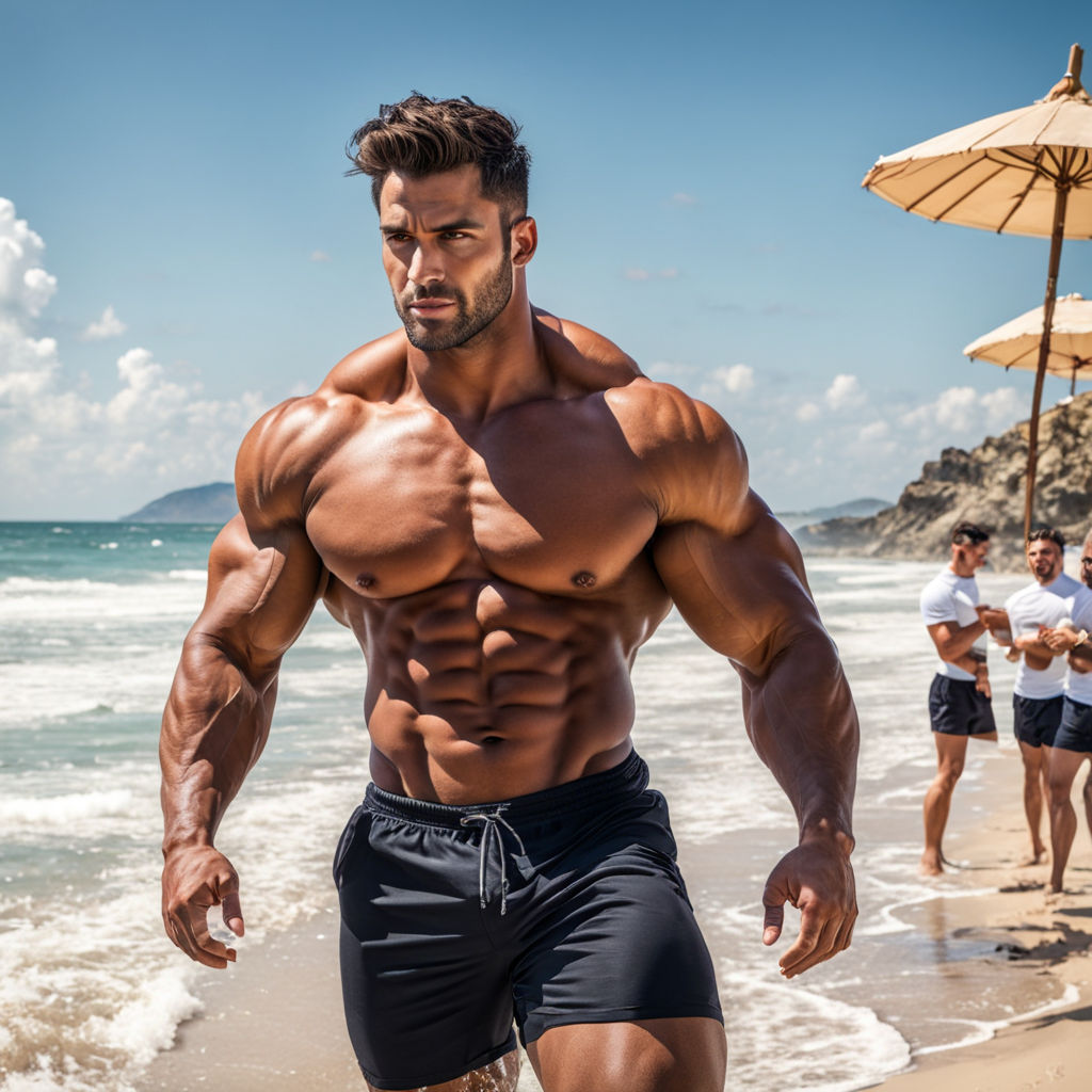 muscular gay arab man looking at the camera at the beach