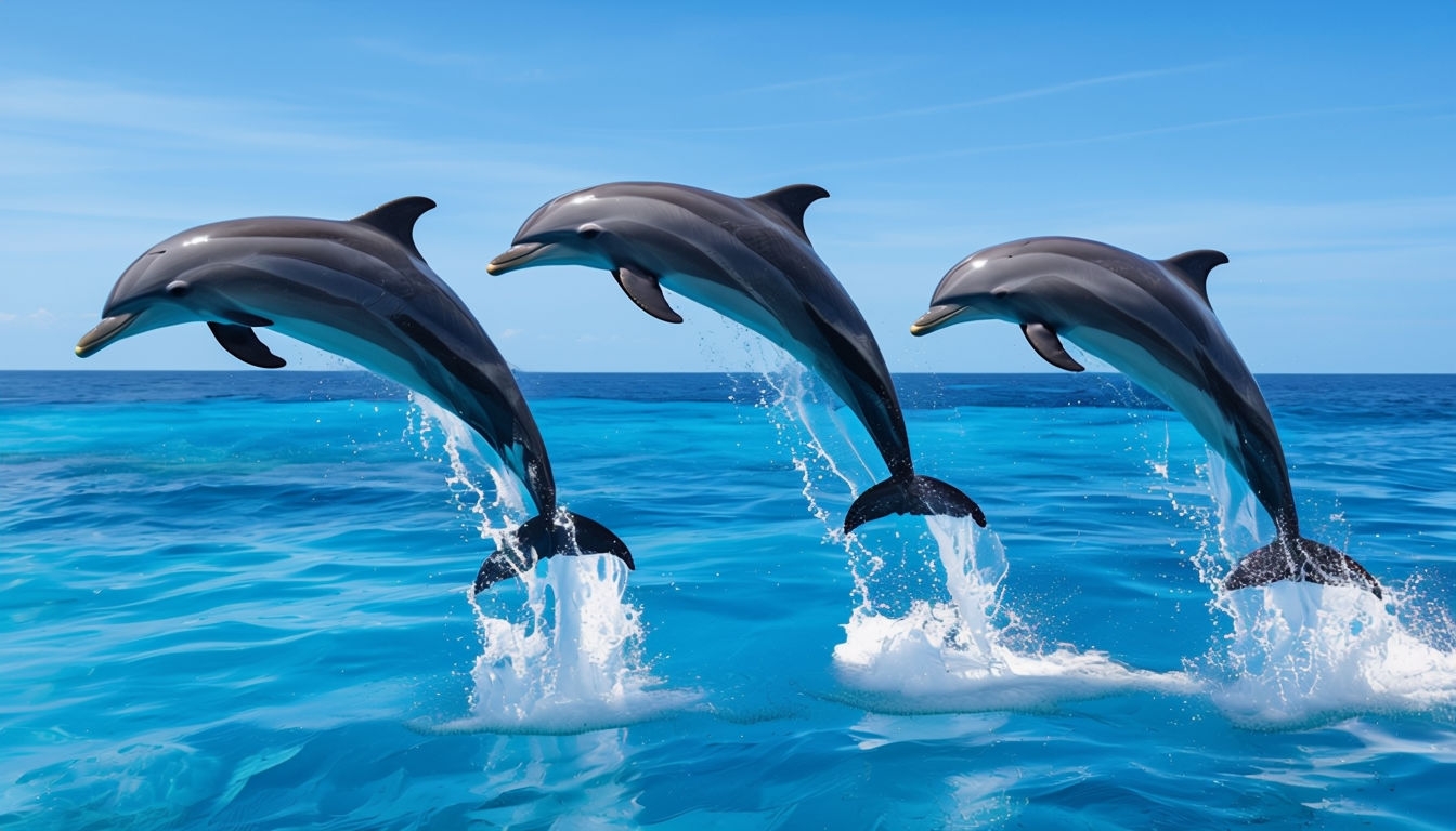 Dynamic Dolphins Leaping Over Turquoise Ocean Background Virtual Backgrounds