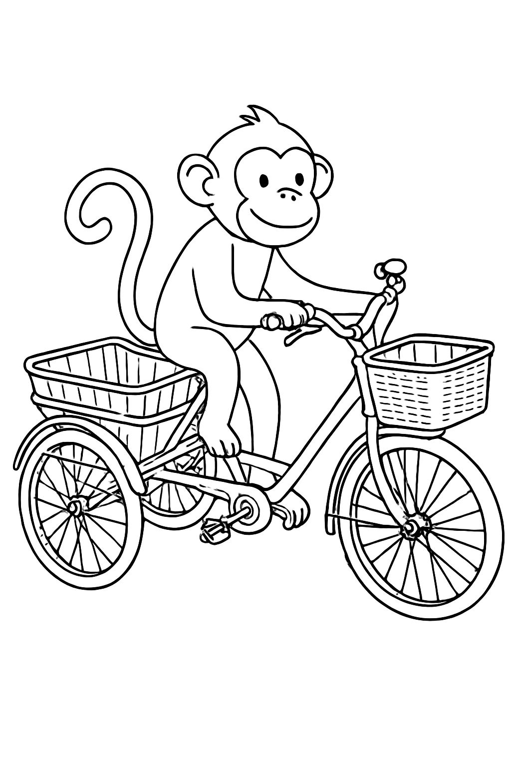 Cheerful Cartoon Monkey Riding Bicycle Coloring Book Page
