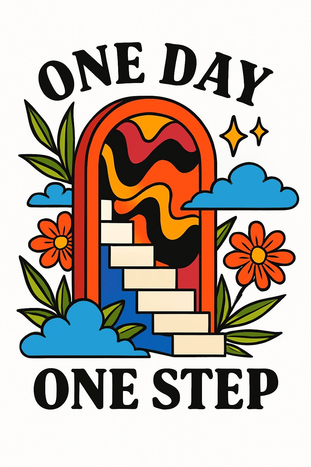 Vibrant Cartoon Archway with Steps and Flowers Motivational Poster