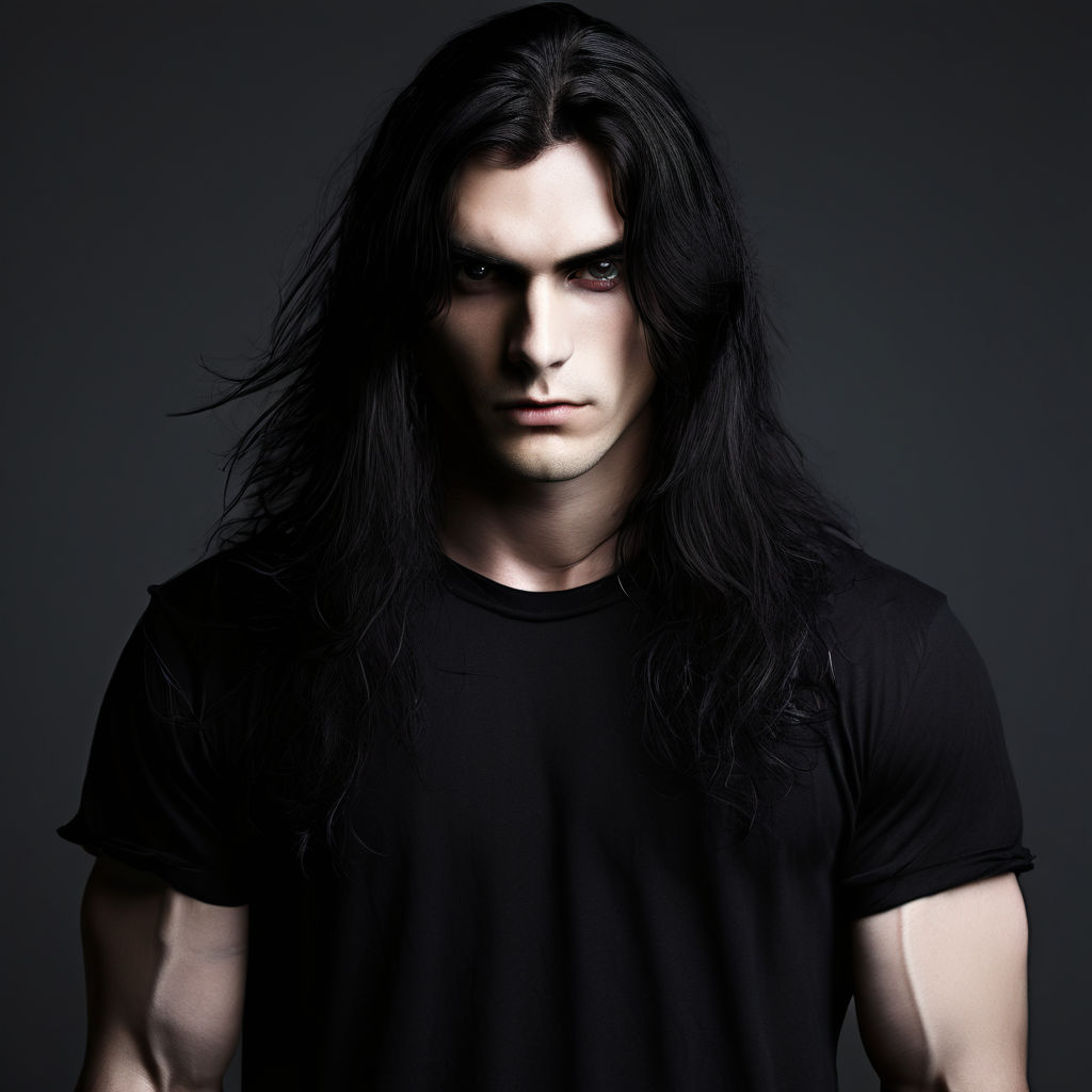 face of a muscular man with long black hair