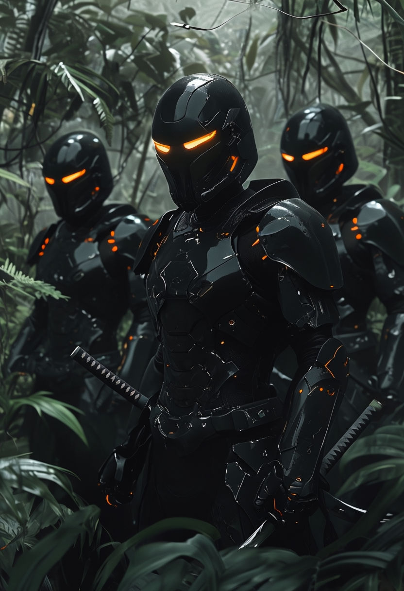 Futuristic Black Armored Warriors in Jungle Setting Art