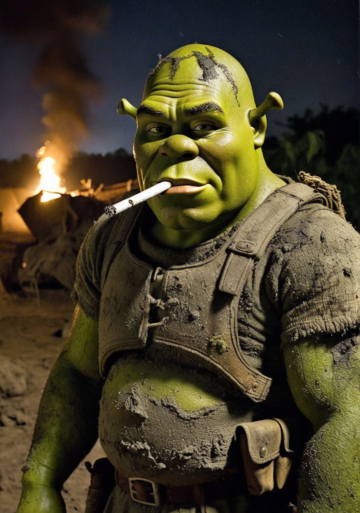 Ultra realistic shrek as vietnam war soldier smoking by Michał ...