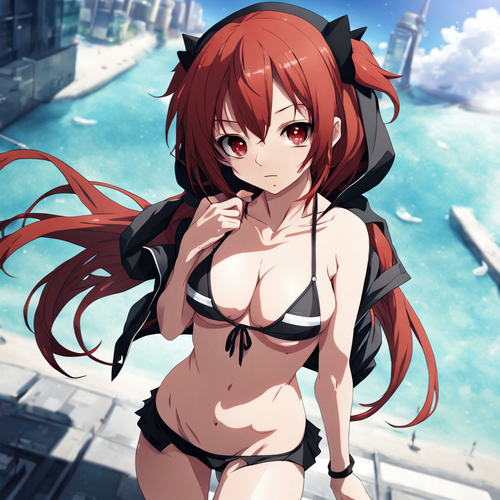 anime girl with breast in swimsuits at the beach